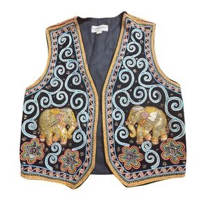 Carol Horn Workshop Beaded Elephant Embroidered Sequined Vest One Size Cotton